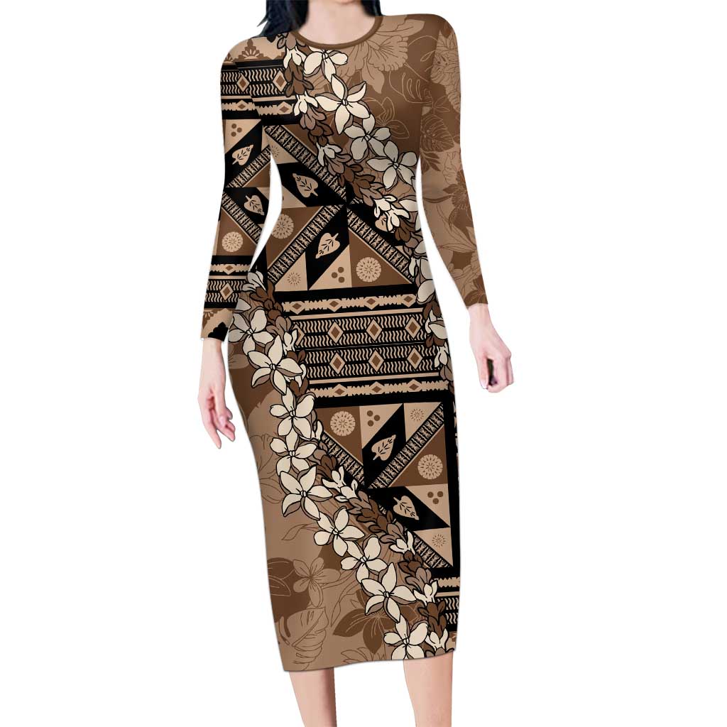 Bula Fiji Plumeria Tagimoucia Salusalu Mocha Long Sleeve Bodycon Dress Kaiviti Masi - Polynesian Pride