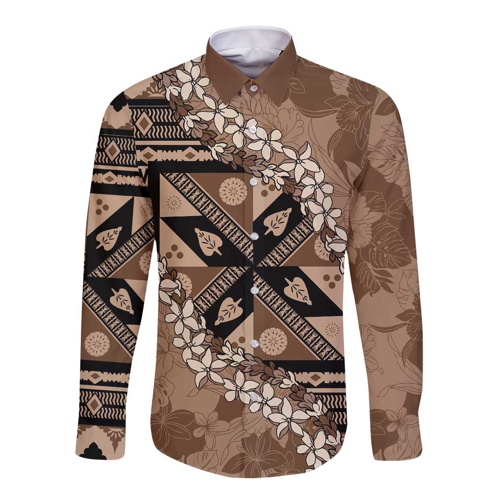 Bula Fiji Plumeria Tagimoucia Salusalu Mocha Long Sleeve Button Shirt Kaiviti Masi - Polynesian Pride