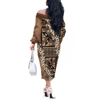 Bula Fiji Plumeria Tagimoucia Salusalu Mocha Off The Shoulder Long Sleeve Dress Kaiviti Masi - Polynesian Pride