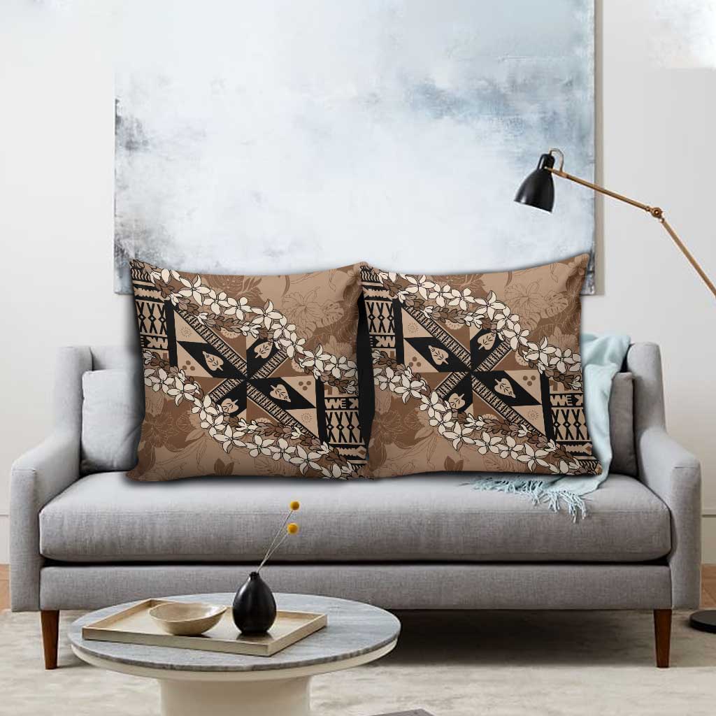Bula Fiji Plumeria Tagimoucia Salusalu Mocha Pillow Cover Kaiviti Masi - Polynesian Pride