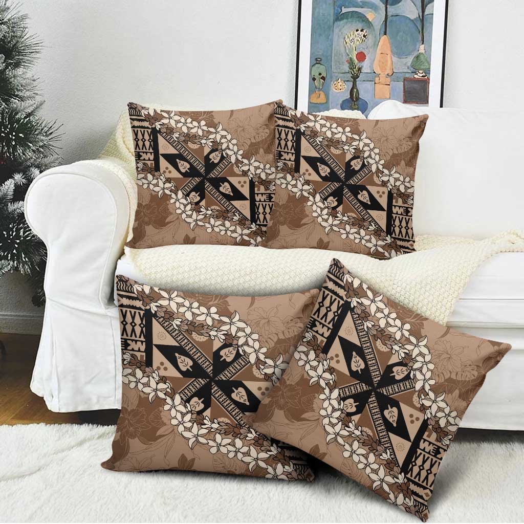 Bula Fiji Plumeria Tagimoucia Salusalu Mocha Pillow Cover Kaiviti Masi - Polynesian Pride