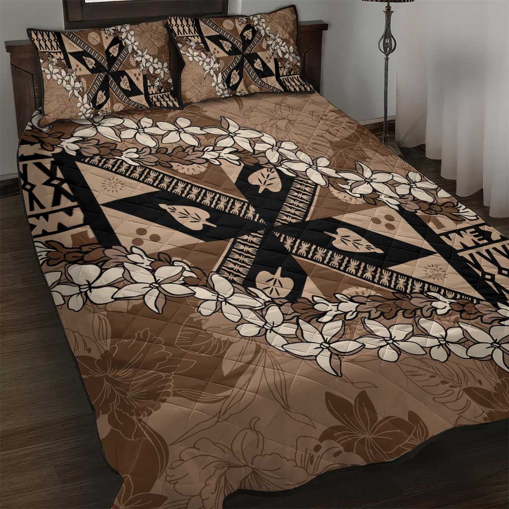Bula Fiji Plumeria Tagimoucia Salusalu Mocha Quilt Bed Set Kaiviti Masi - Polynesian Pride