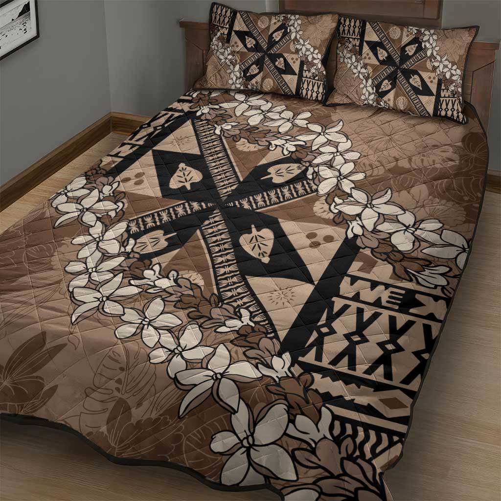 Bula Fiji Plumeria Tagimoucia Salusalu Mocha Quilt Bed Set Kaiviti Masi - Polynesian Pride