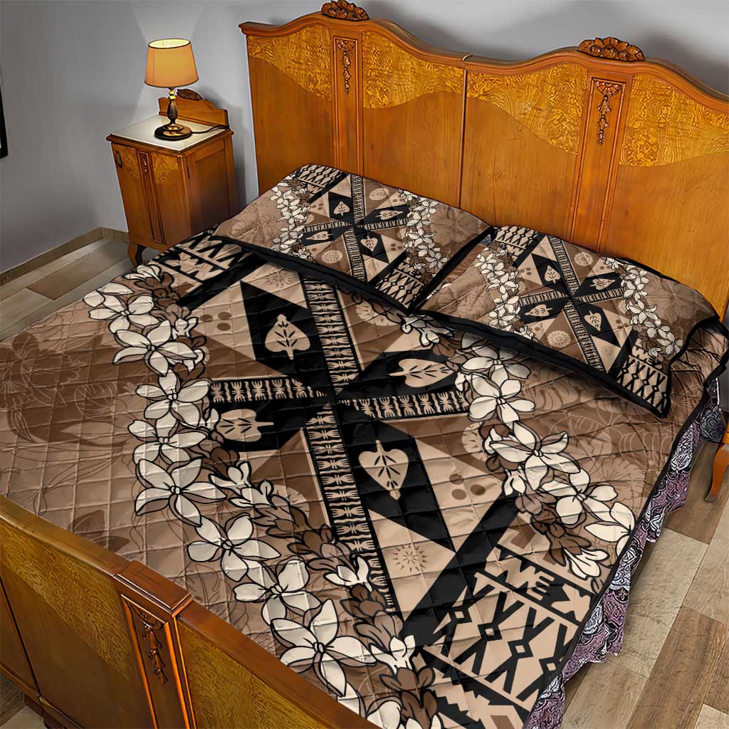 Bula Fiji Plumeria Tagimoucia Salusalu Mocha Quilt Bed Set Kaiviti Masi - Polynesian Pride