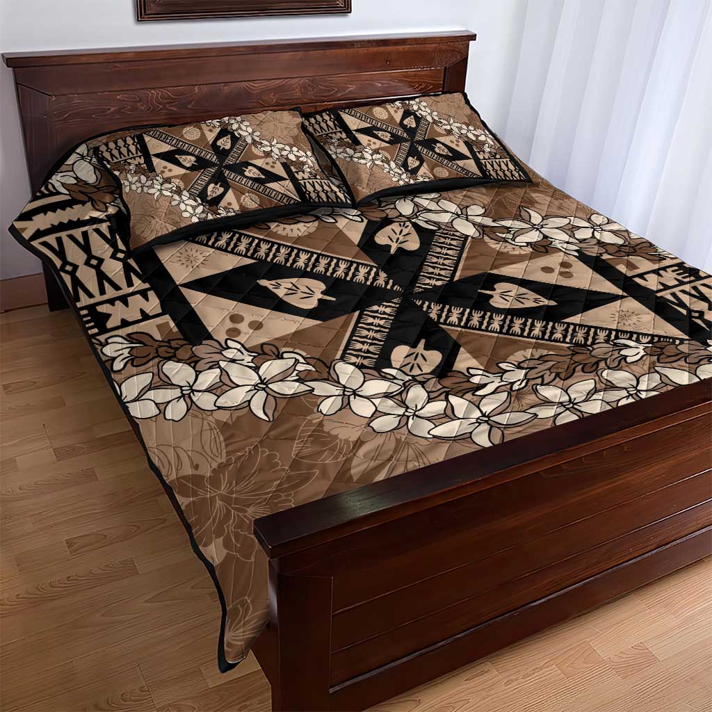 Bula Fiji Plumeria Tagimoucia Salusalu Mocha Quilt Bed Set Kaiviti Masi - Polynesian Pride