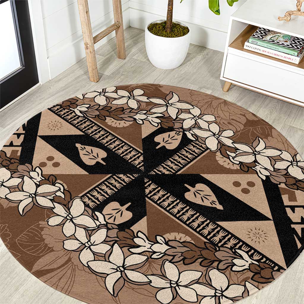 Bula Fiji Plumeria Tagimoucia Salusalu Mocha Round Carpet Kaiviti Masi - Polynesian Pride