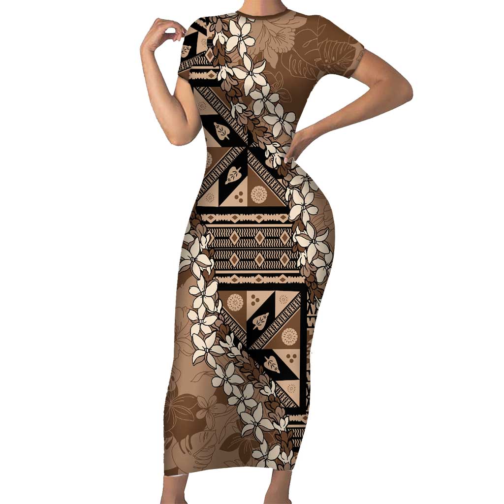 Bula Fiji Plumeria Tagimoucia Salusalu Mocha Short Sleeve Bodycon Dress Kaiviti Masi - Polynesian Pride