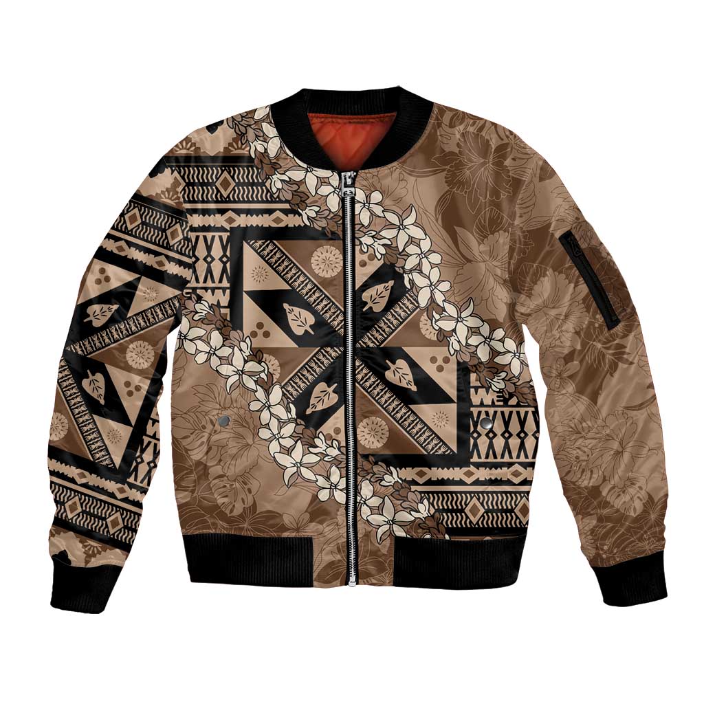 Bula Fiji Plumeria Tagimoucia Salusalu Mocha Sleeve Zip Bomber Jacket Kaiviti Masi - Polynesian Pride
