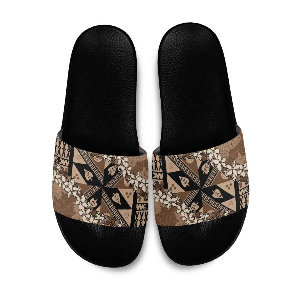 Bula Fiji Plumeria Tagimoucia Salusalu Mocha Slide Sandals Kaiviti Masi - Polynesian Pride