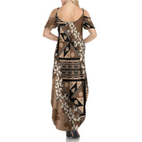 Bula Fiji Plumeria Tagimoucia Salusalu Mocha Summer Maxi Dress Kaiviti Masi - Polynesian Pride