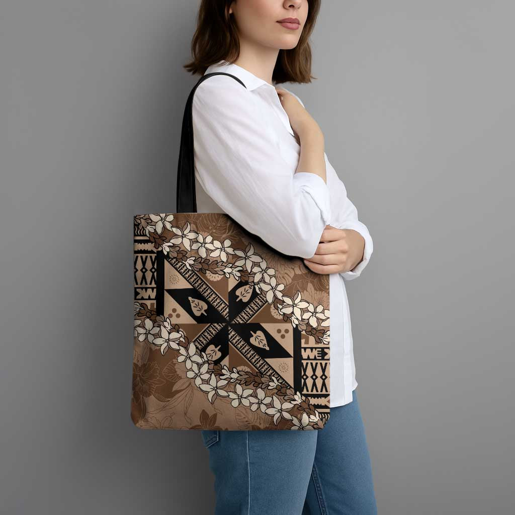 Bula Fiji Plumeria Tagimoucia Salusalu Mocha Tote Bag Kaiviti Masi - Polynesian Pride