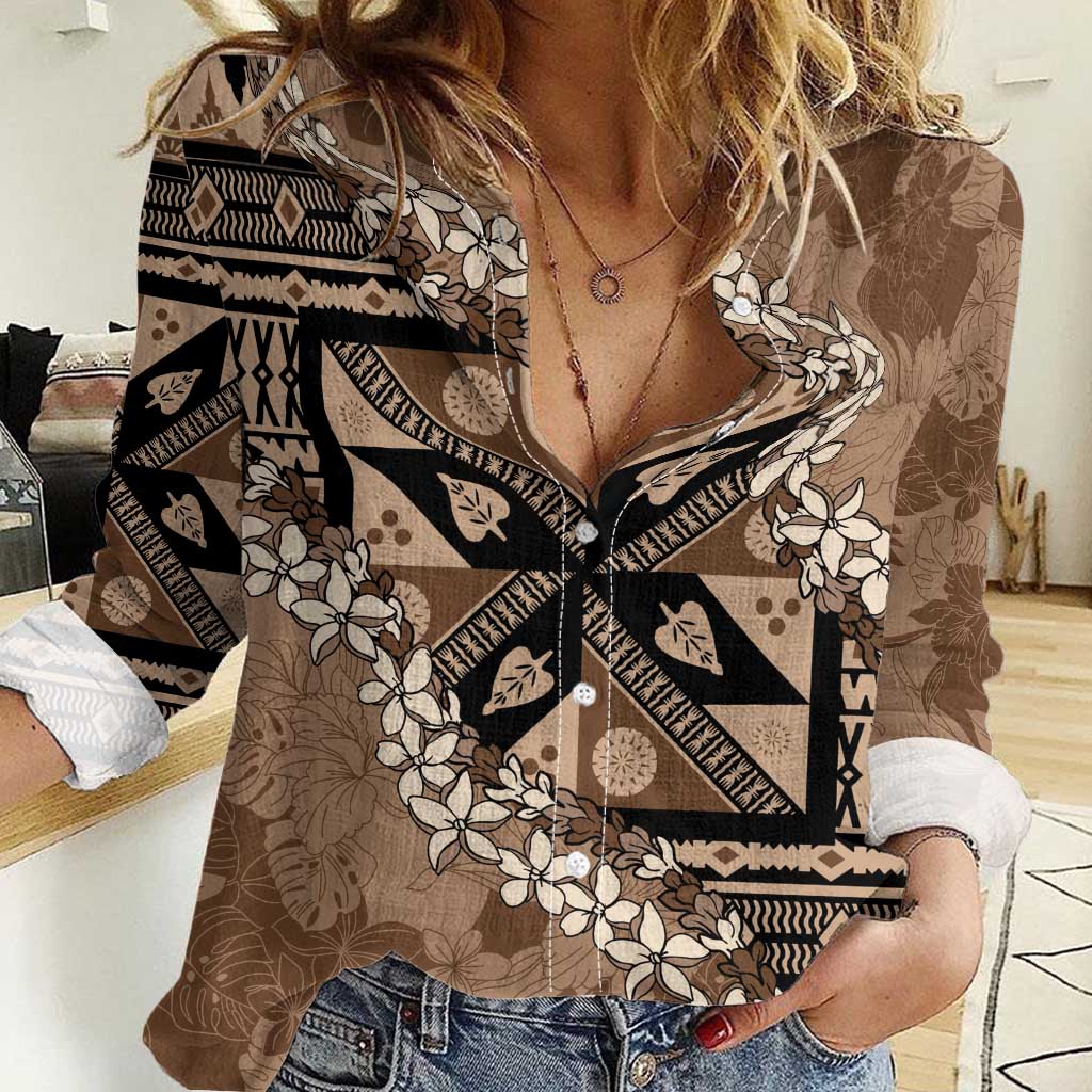 Bula Fiji Plumeria Tagimoucia Salusalu Mocha Women Casual Shirt Kaiviti Masi - Polynesian Pride