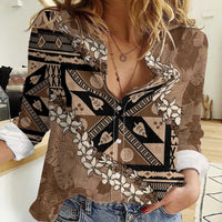 Bula Fiji Plumeria Tagimoucia Salusalu Mocha Women Casual Shirt Kaiviti Masi - Polynesian Pride