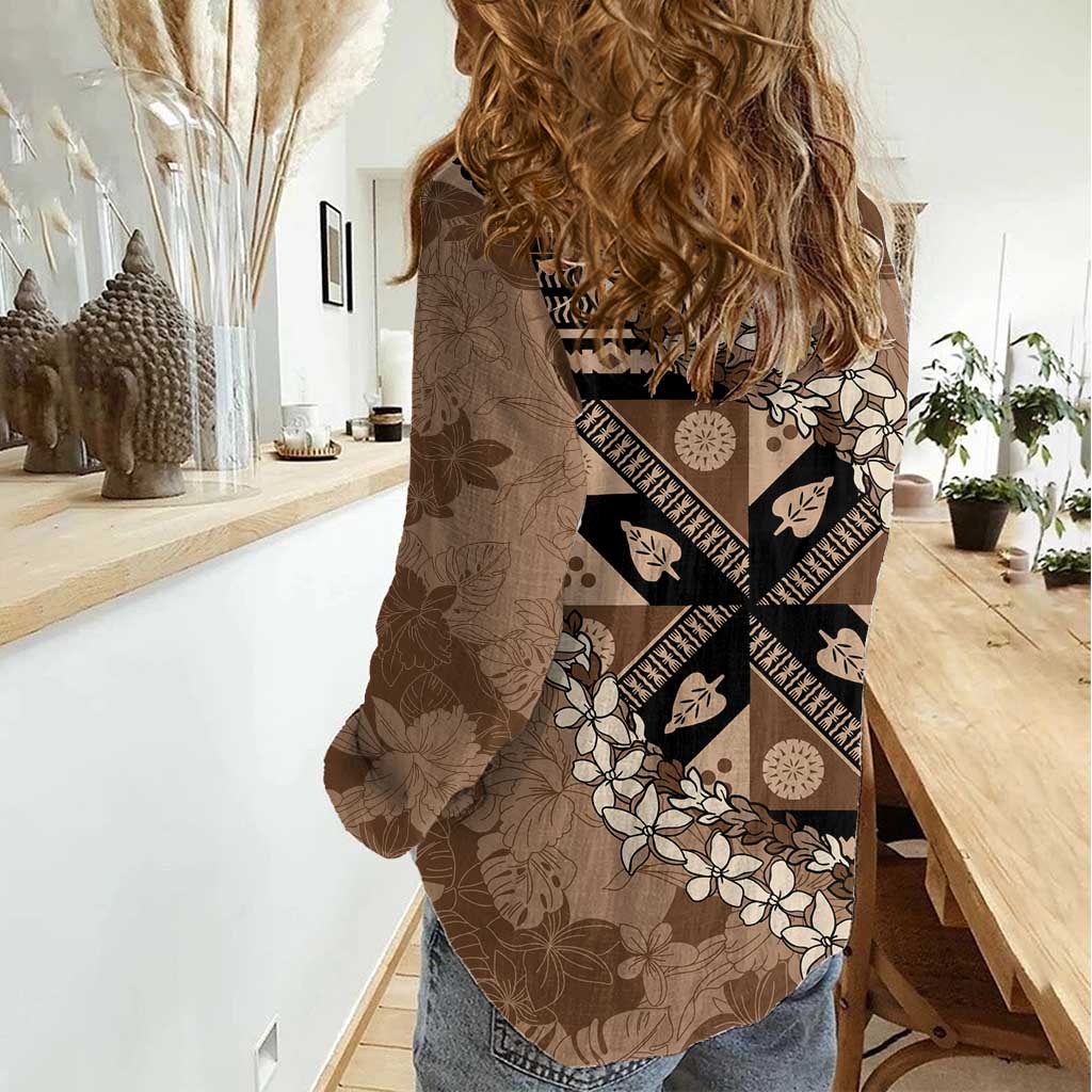Bula Fiji Plumeria Tagimoucia Salusalu Mocha Women Casual Shirt Kaiviti Masi - Polynesian Pride