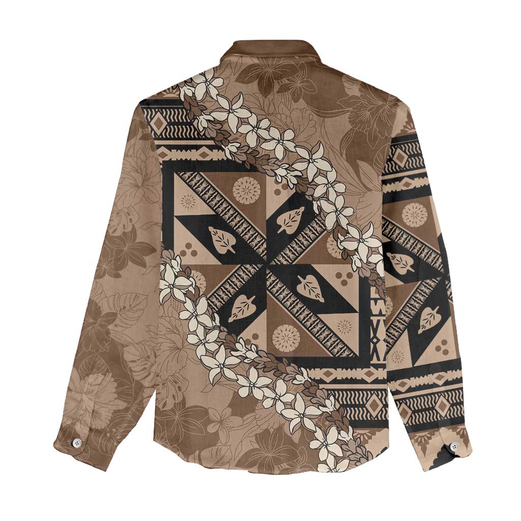 Bula Fiji Plumeria Tagimoucia Salusalu Mocha Women Casual Shirt Kaiviti Masi - Polynesian Pride