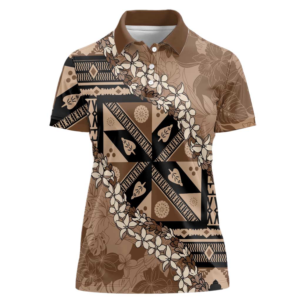 Bula Fiji Plumeria Tagimoucia Salusalu Mocha Women Polo Shirt Kaiviti Masi - Polynesian Pride