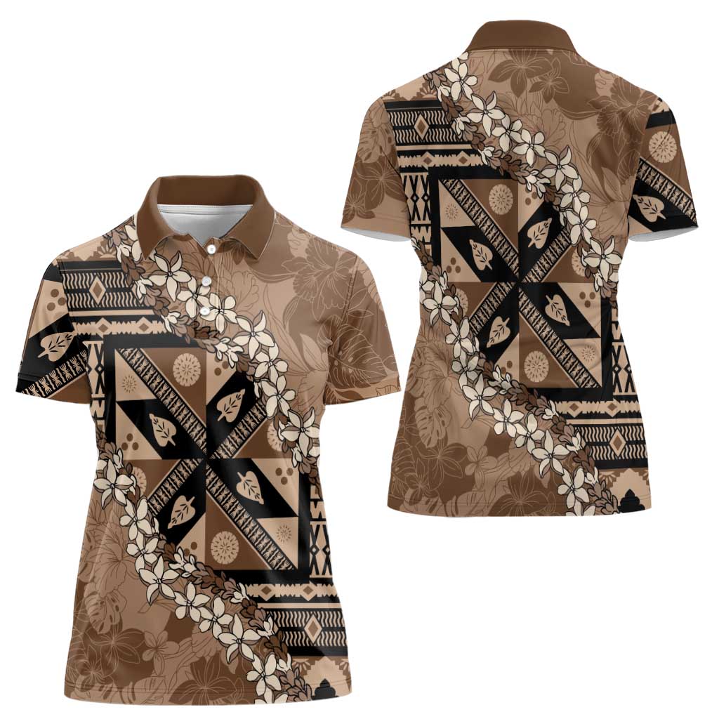 Bula Fiji Plumeria Tagimoucia Salusalu Mocha Women Polo Shirt Kaiviti Masi - Polynesian Pride