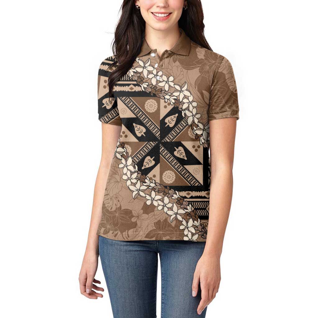 Bula Fiji Plumeria Tagimoucia Salusalu Mocha Women Polo Shirt Kaiviti Masi - Polynesian Pride