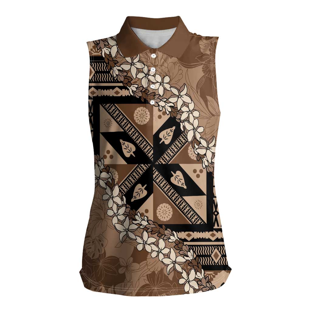 Bula Fiji Plumeria Tagimoucia Salusalu Mocha Women Sleeveless Polo Shirt Kaiviti Masi - Polynesian Pride