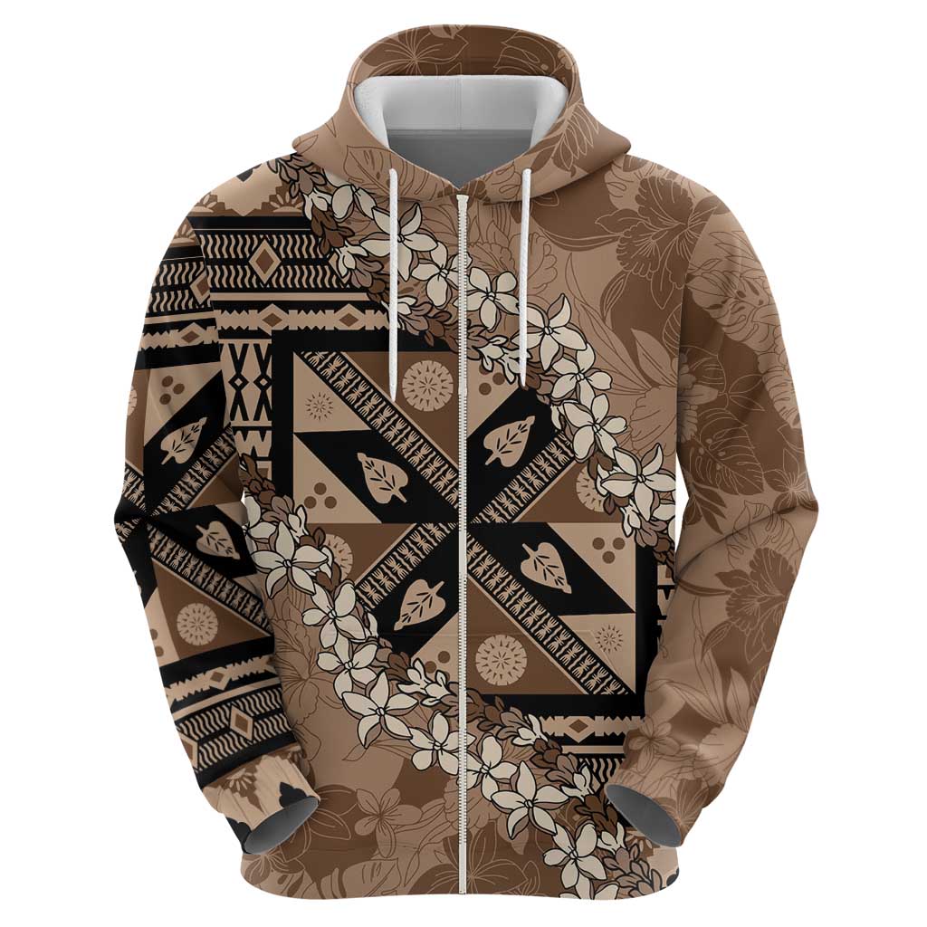 Bula Fiji Plumeria Tagimoucia Salusalu Mocha Zip Hoodie Kaiviti Masi - Polynesian Pride