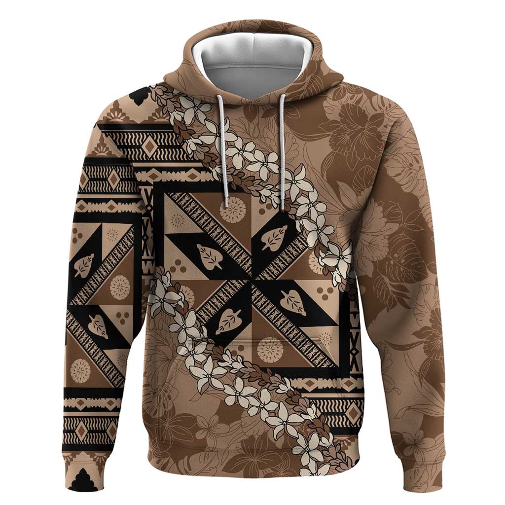 Bula Fiji Plumeria Tagimoucia Salusalu Mocha Zip Hoodie Kaiviti Masi - Polynesian Pride