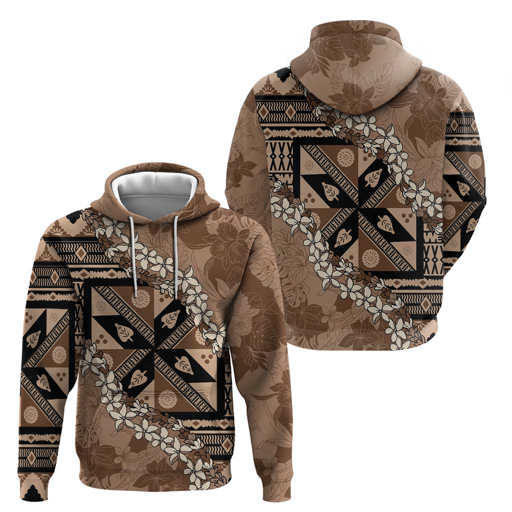 Bula Fiji Plumeria Tagimoucia Salusalu Mocha Zip Hoodie Kaiviti Masi - Polynesian Pride