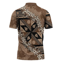 Bula Fiji Plumeria Tagimoucia Salusalu Mocha Zipper Polo Shirt Kaiviti Masi - Polynesian Pride