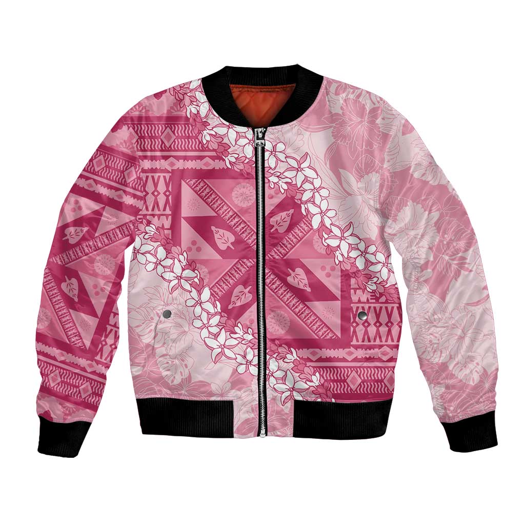 Bula Fiji Plumeria Tagimoucia Salusalu Pink Bomber Jacket Kaiviti Masi - Polynesian Pride