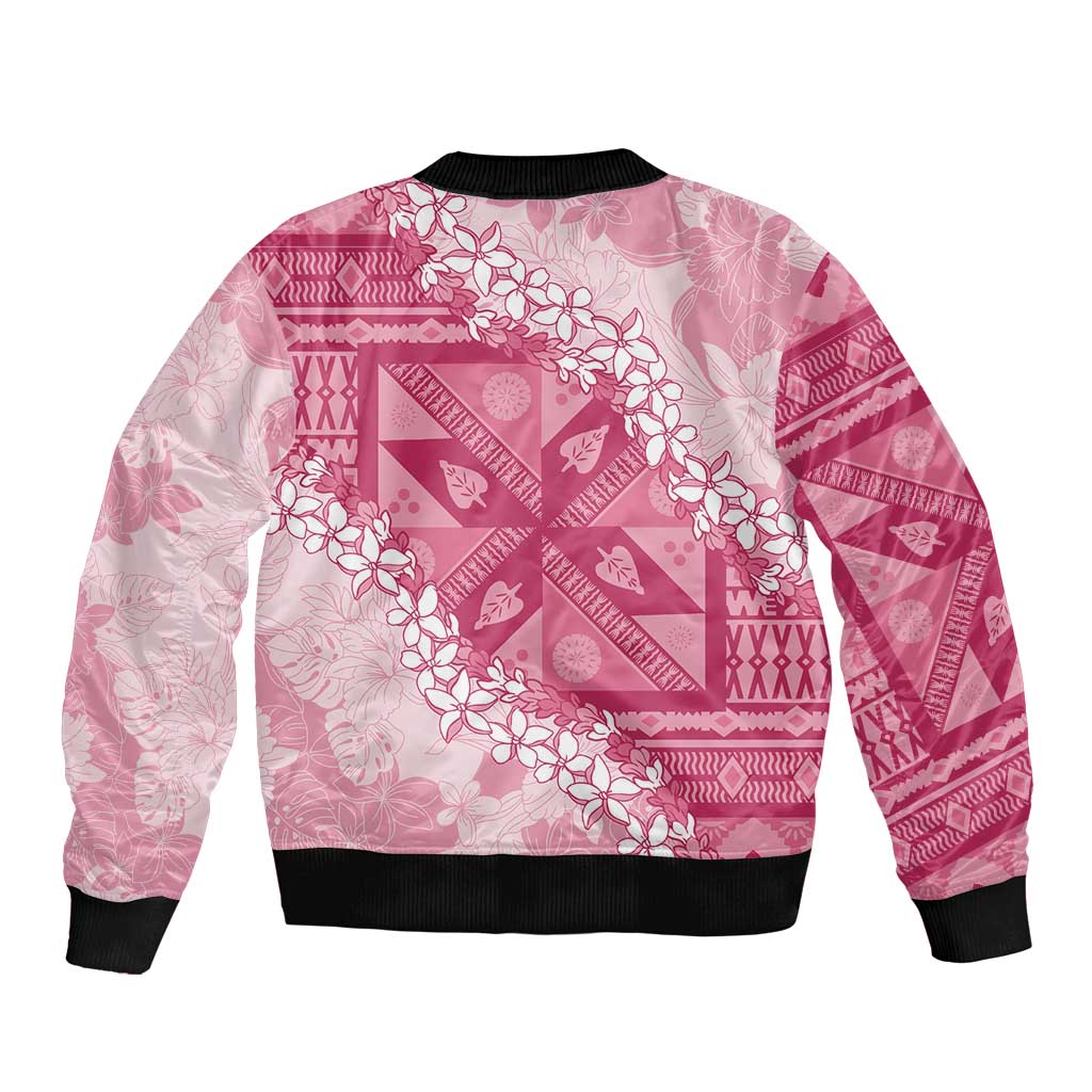 Bula Fiji Plumeria Tagimoucia Salusalu Pink Bomber Jacket Kaiviti Masi - Polynesian Pride