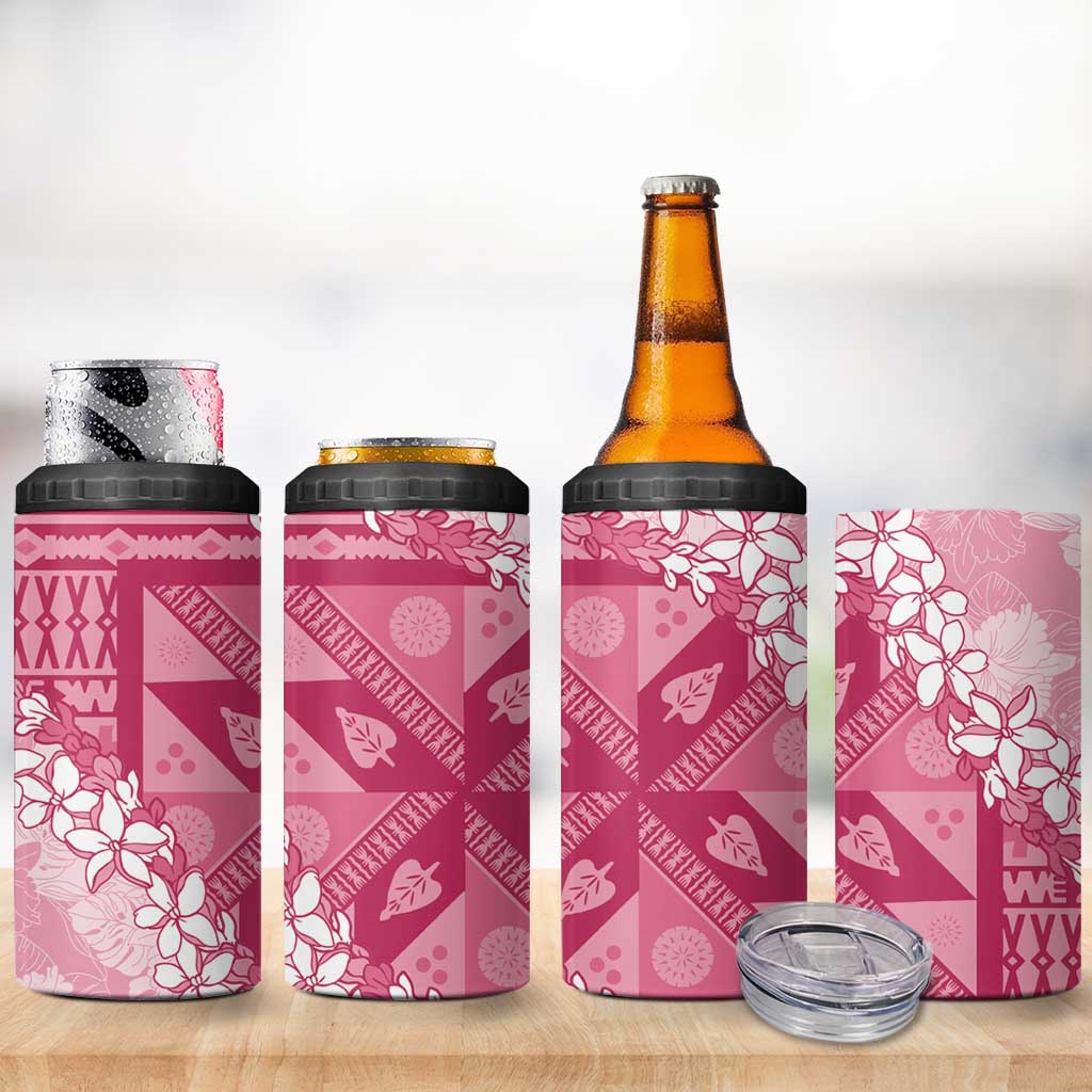 Bula Fiji Plumeria Tagimoucia Salusalu Pink 4 in 1 Can Cooler Tumbler Kaiviti Masi - Polynesian Pride
