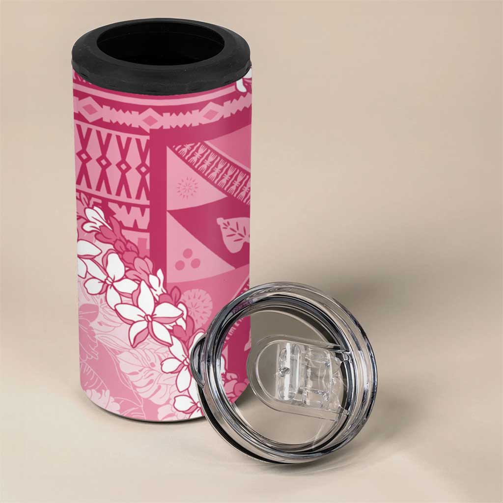 Bula Fiji Plumeria Tagimoucia Salusalu Pink 4 in 1 Can Cooler Tumbler Kaiviti Masi - Polynesian Pride