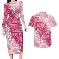 Bula Fiji Plumeria Tagimoucia Salusalu Pink Couples Matching Long Sleeve Bodycon Dress and Hawaiian Shirt Kaiviti Masi - Polynesian Pride