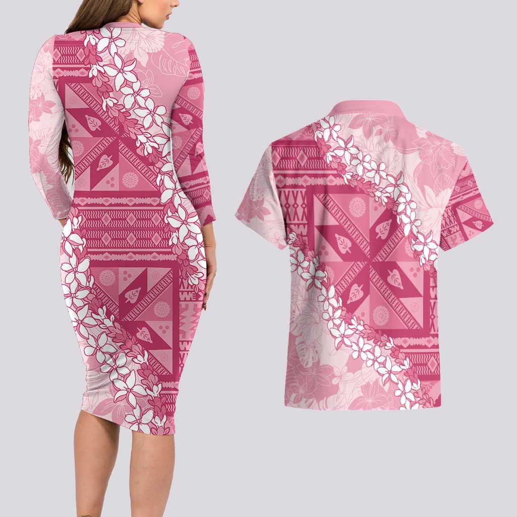 Bula Fiji Plumeria Tagimoucia Salusalu Pink Couples Matching Long Sleeve Bodycon Dress and Hawaiian Shirt Kaiviti Masi - Polynesian Pride