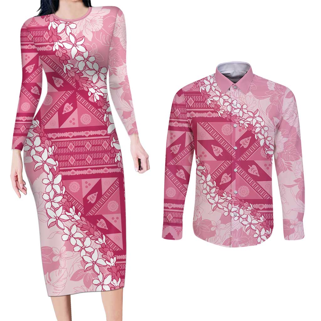 Bula Fiji Plumeria Tagimoucia Salusalu Pink Couples Matching Long Sleeve Bodycon Dress and Long Sleeve Button Shirt Kaiviti Masi - Polynesian Pride
