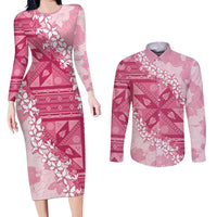 Bula Fiji Plumeria Tagimoucia Salusalu Pink Couples Matching Long Sleeve Bodycon Dress and Long Sleeve Button Shirt Kaiviti Masi - Polynesian Pride