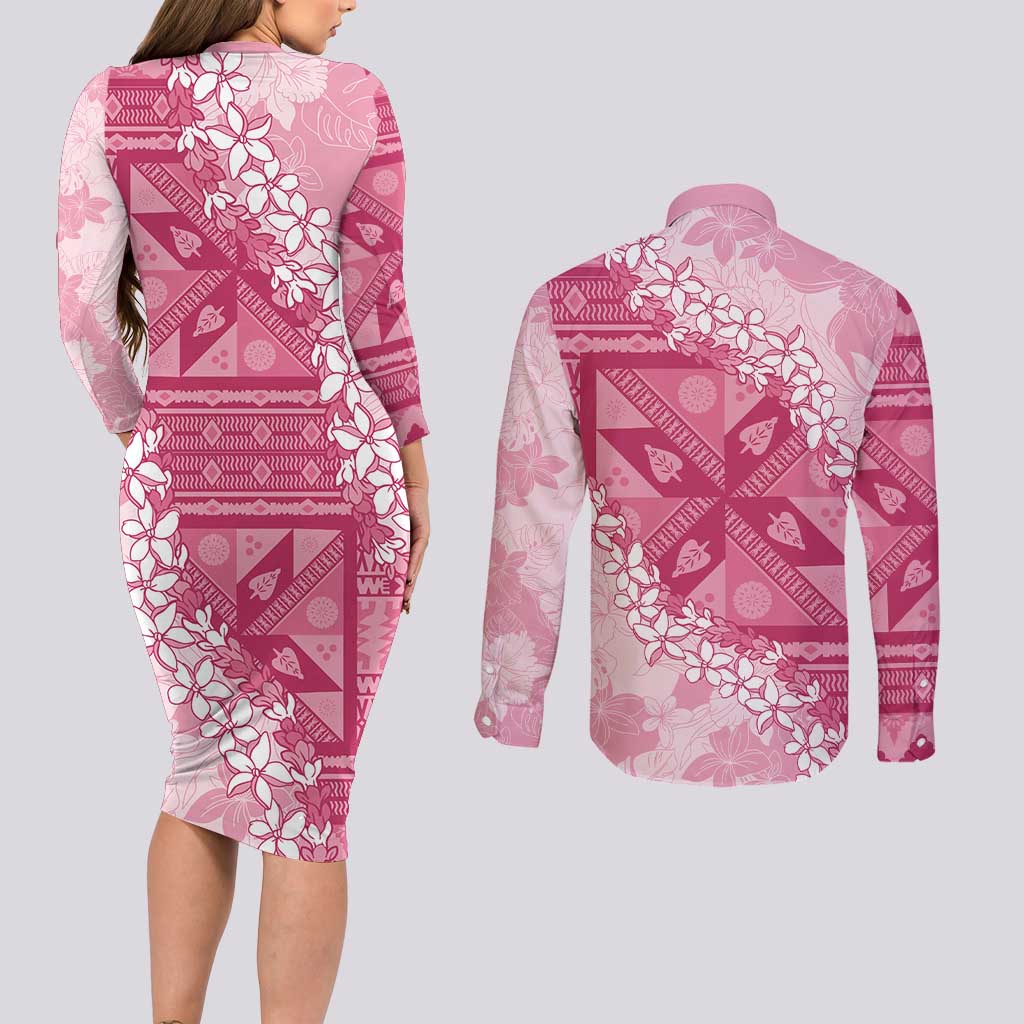 Bula Fiji Plumeria Tagimoucia Salusalu Pink Couples Matching Long Sleeve Bodycon Dress and Long Sleeve Button Shirt Kaiviti Masi - Polynesian Pride