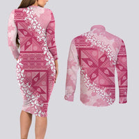 Bula Fiji Plumeria Tagimoucia Salusalu Pink Couples Matching Long Sleeve Bodycon Dress and Long Sleeve Button Shirt Kaiviti Masi - Polynesian Pride