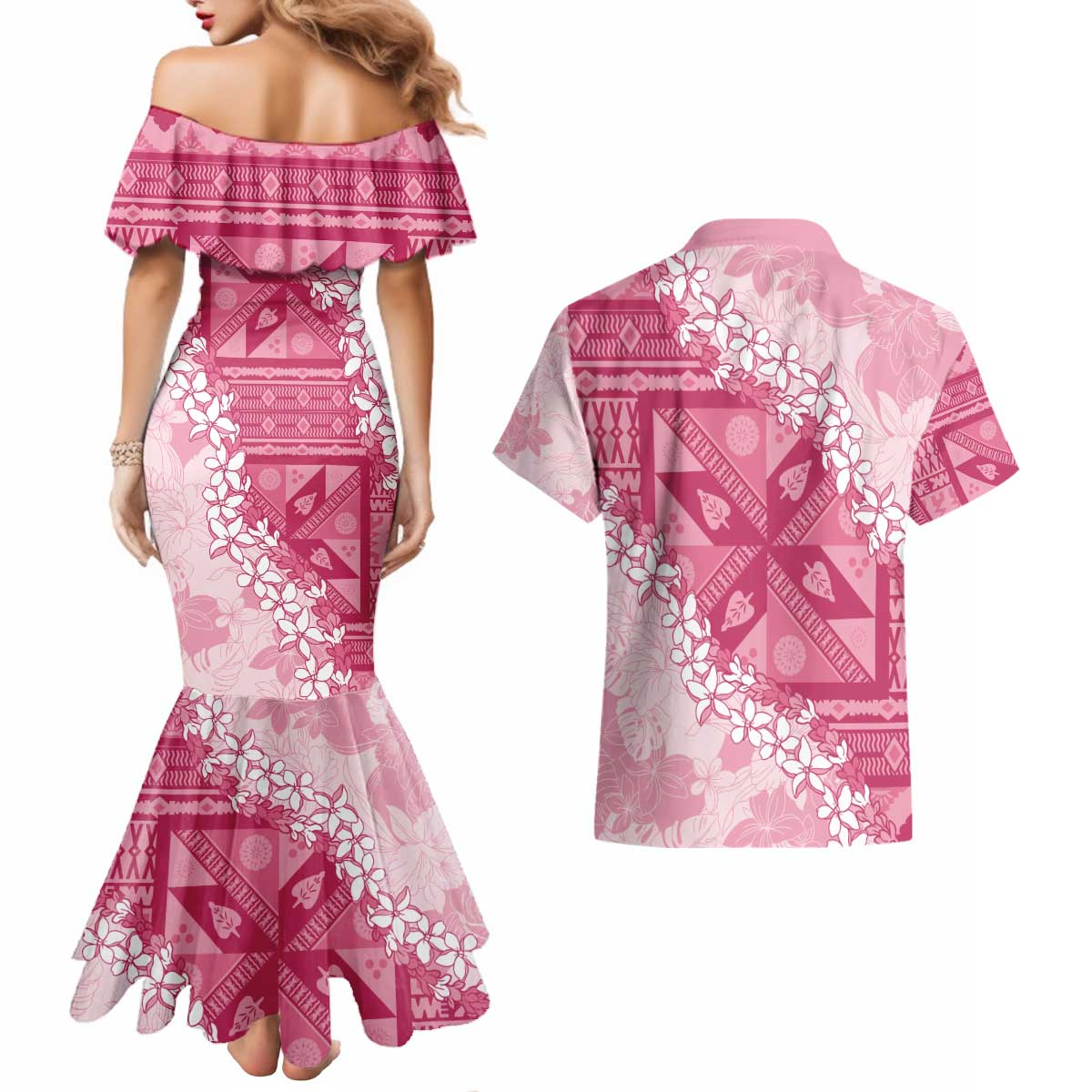 Bula Fiji Plumeria Tagimoucia Salusalu Pink Couples Matching Mermaid Dress and Hawaiian Shirt Kaiviti Masi - Polynesian Pride