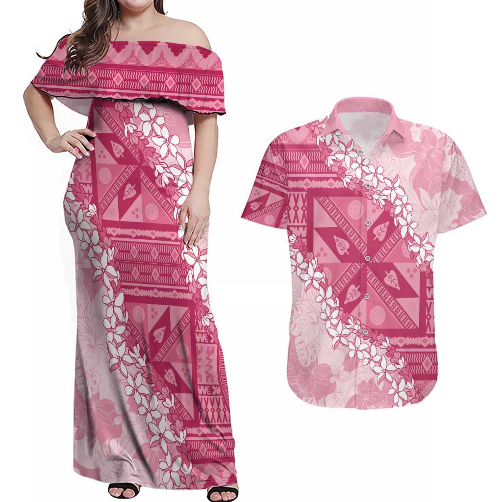 Bula Fiji Plumeria Tagimoucia Salusalu Pink Couples Matching Off Shoulder Maxi Dress and Hawaiian Shirt Kaiviti Masi - Polynesian Pride