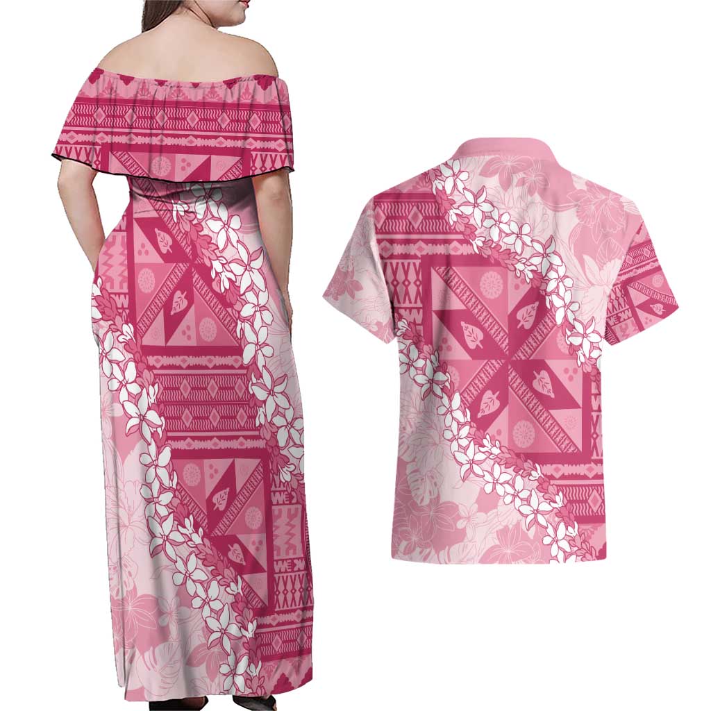 Bula Fiji Plumeria Tagimoucia Salusalu Pink Couples Matching Off Shoulder Maxi Dress and Hawaiian Shirt Kaiviti Masi - Polynesian Pride