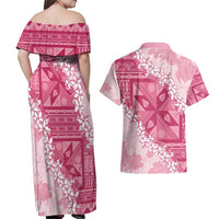 Bula Fiji Plumeria Tagimoucia Salusalu Pink Couples Matching Off Shoulder Maxi Dress and Hawaiian Shirt Kaiviti Masi - Polynesian Pride
