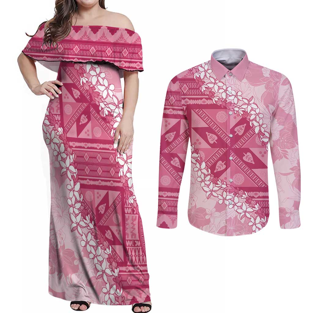 Bula Fiji Plumeria Tagimoucia Salusalu Pink Couples Matching Off Shoulder Maxi Dress and Long Sleeve Button Shirt Kaiviti Masi - Polynesian Pride
