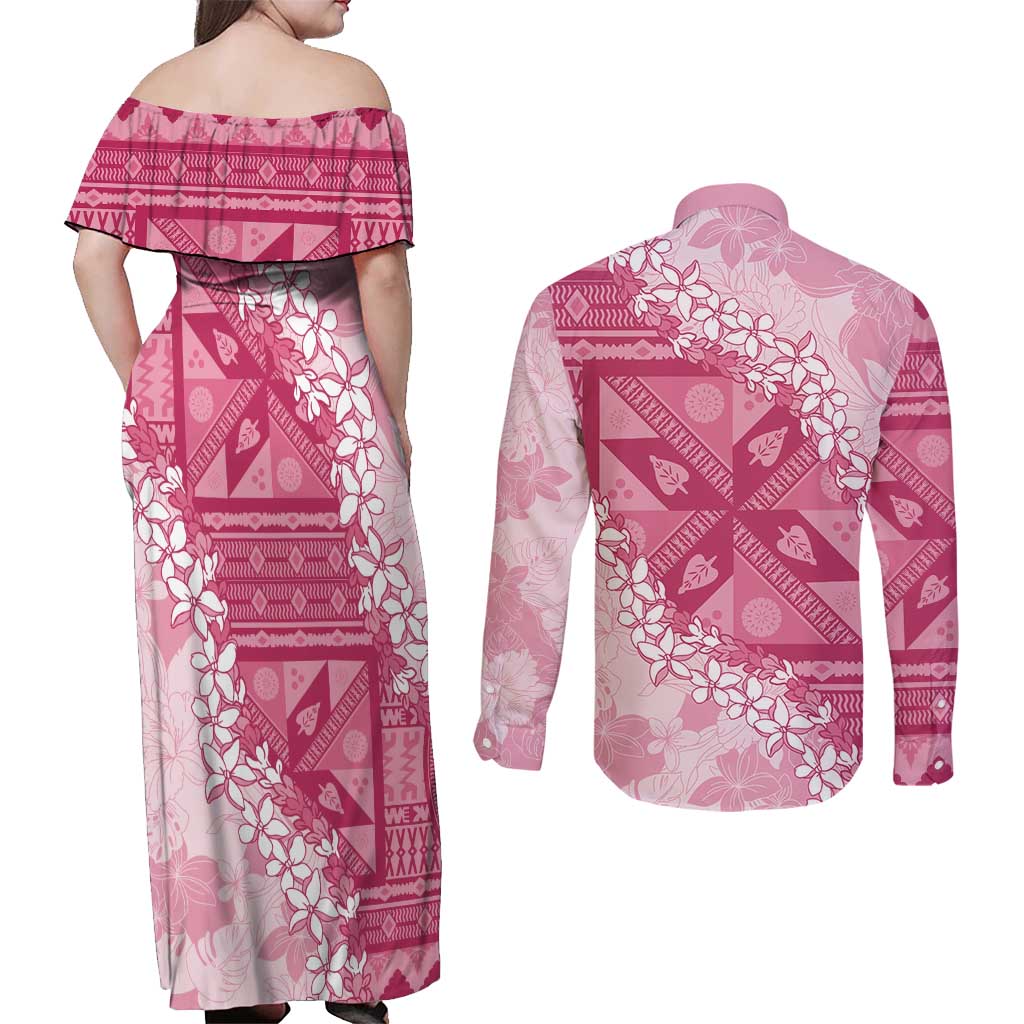 Bula Fiji Plumeria Tagimoucia Salusalu Pink Couples Matching Off Shoulder Maxi Dress and Long Sleeve Button Shirt Kaiviti Masi - Polynesian Pride