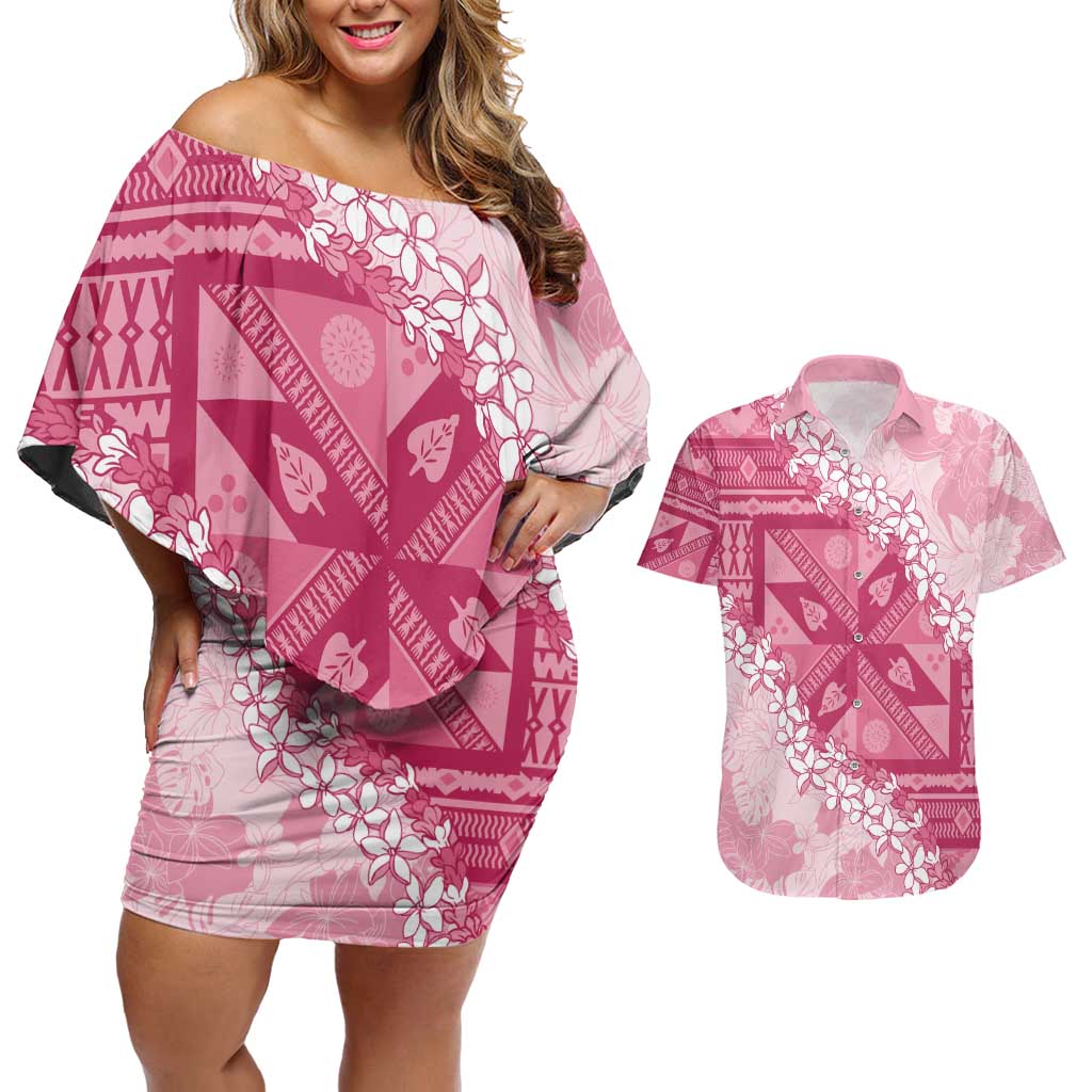 Bula Fiji Plumeria Tagimoucia Salusalu Pink Couples Matching Off Shoulder Short Dress and Hawaiian Shirt Kaiviti Masi - Polynesian Pride