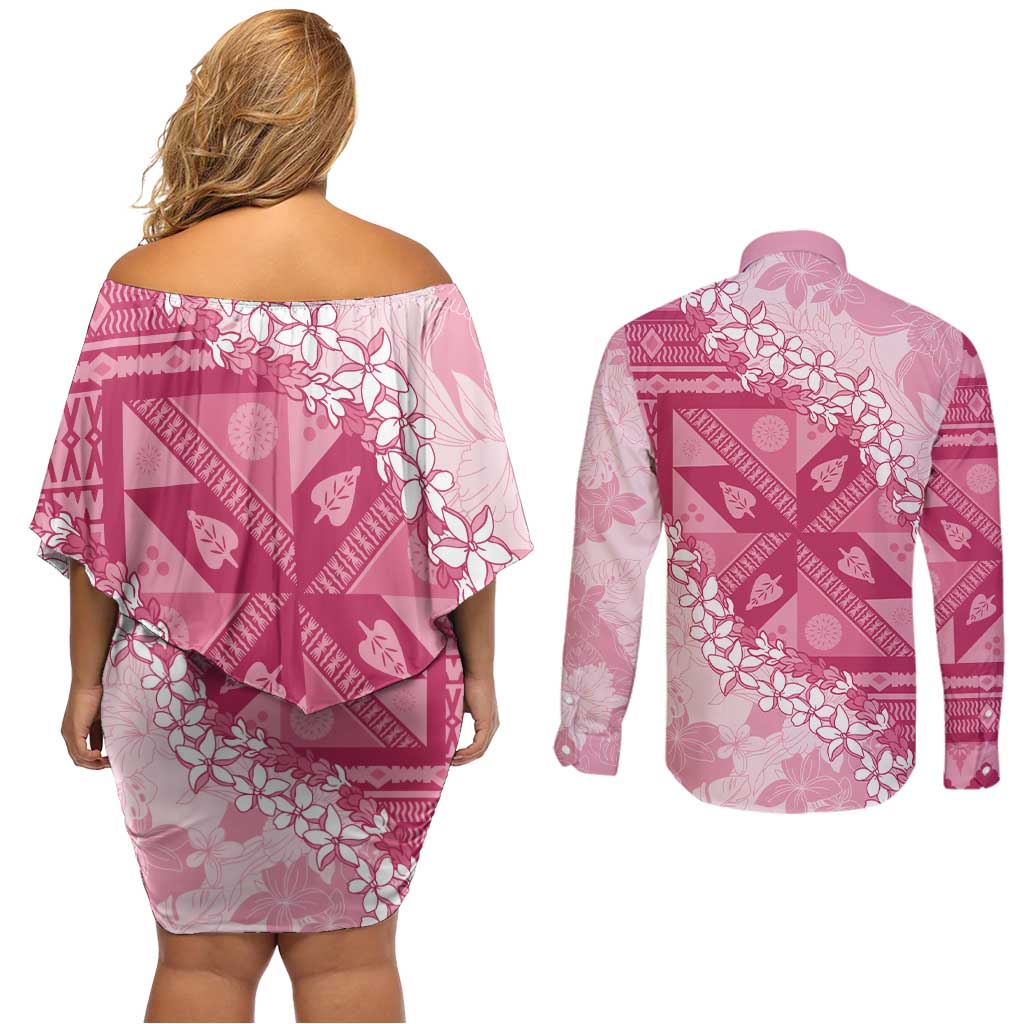 Bula Fiji Plumeria Tagimoucia Salusalu Pink Couples Matching Off Shoulder Short Dress and Long Sleeve Button Shirt Kaiviti Masi - Polynesian Pride