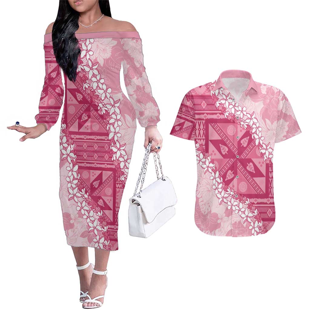 Bula Fiji Plumeria Tagimoucia Salusalu Pink Couples Matching Off The Shoulder Long Sleeve Dress and Hawaiian Shirt Kaiviti Masi - Polynesian Pride
