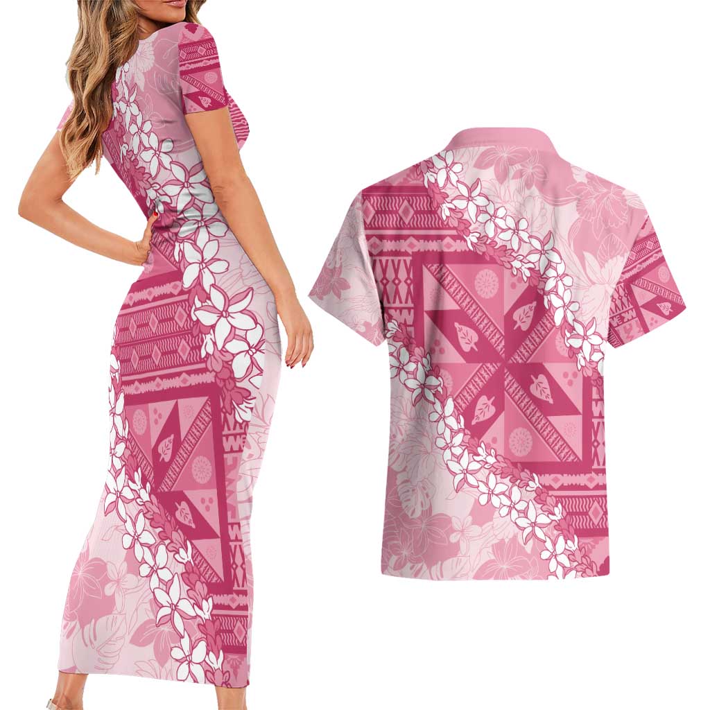 Bula Fiji Plumeria Tagimoucia Salusalu Pink Couples Matching Short Sleeve Bodycon Dress and Hawaiian Shirt Kaiviti Masi - Polynesian Pride