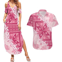 Bula Fiji Plumeria Tagimoucia Salusalu Pink Couples Matching Summer Maxi Dress and Hawaiian Shirt Kaiviti Masi - Polynesian Pride