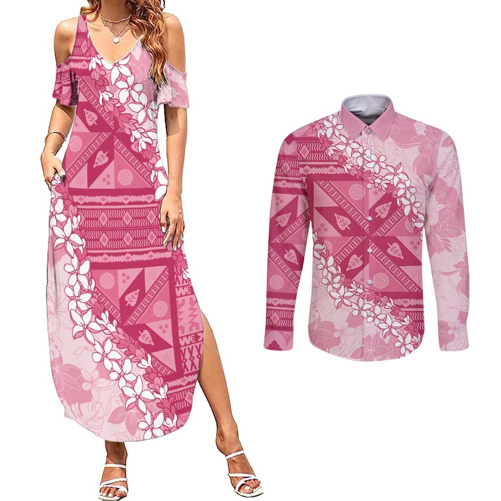 Bula Fiji Plumeria Tagimoucia Salusalu Pink Couples Matching Summer Maxi Dress and Long Sleeve Button Shirt Kaiviti Masi - Polynesian Pride