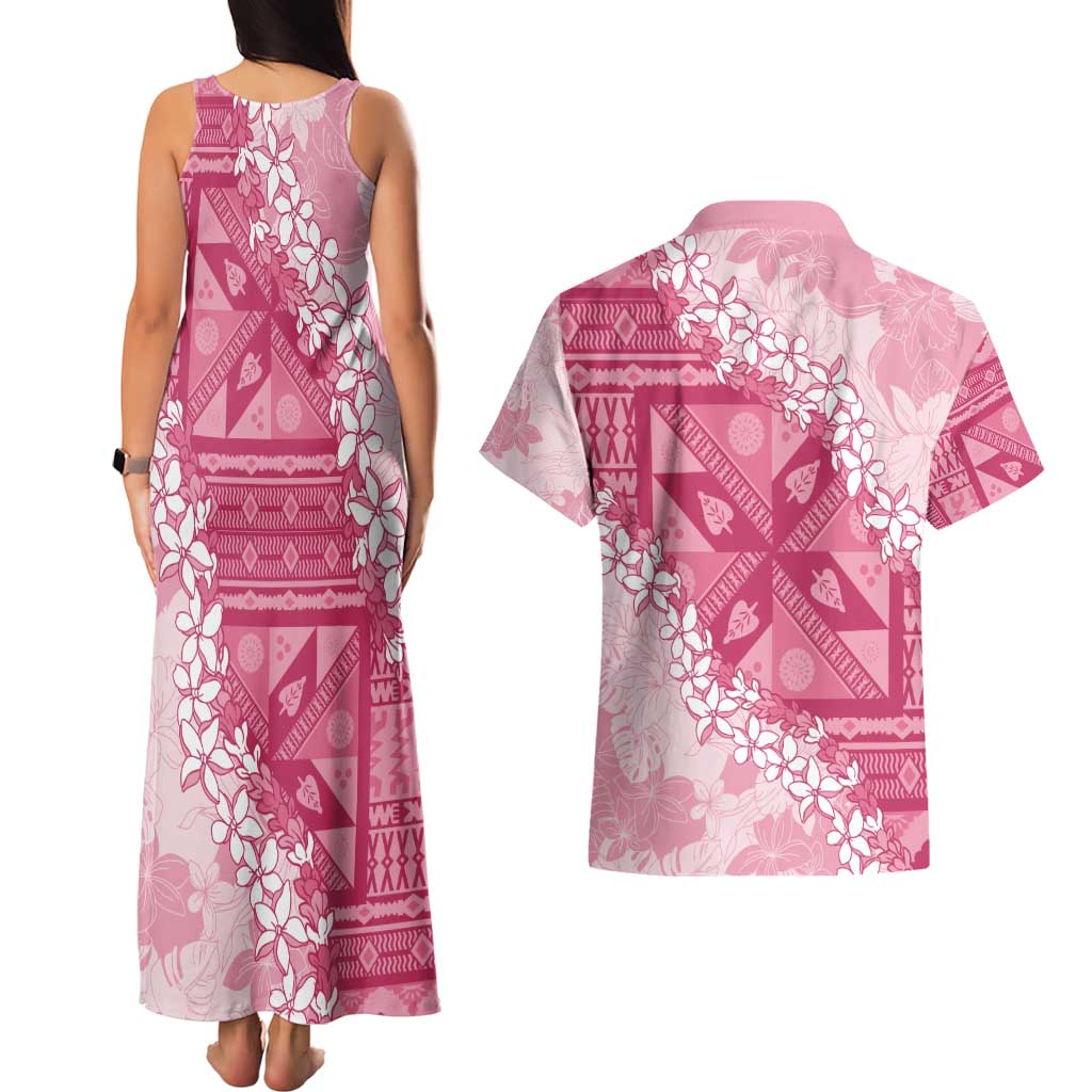 Bula Fiji Plumeria Tagimoucia Salusalu Pink Couples Matching Tank Maxi Dress and Hawaiian Shirt Kaiviti Masi - Polynesian Pride